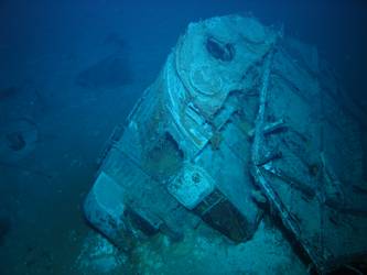 Bridge deck head resting against Director Control Tower on seabed